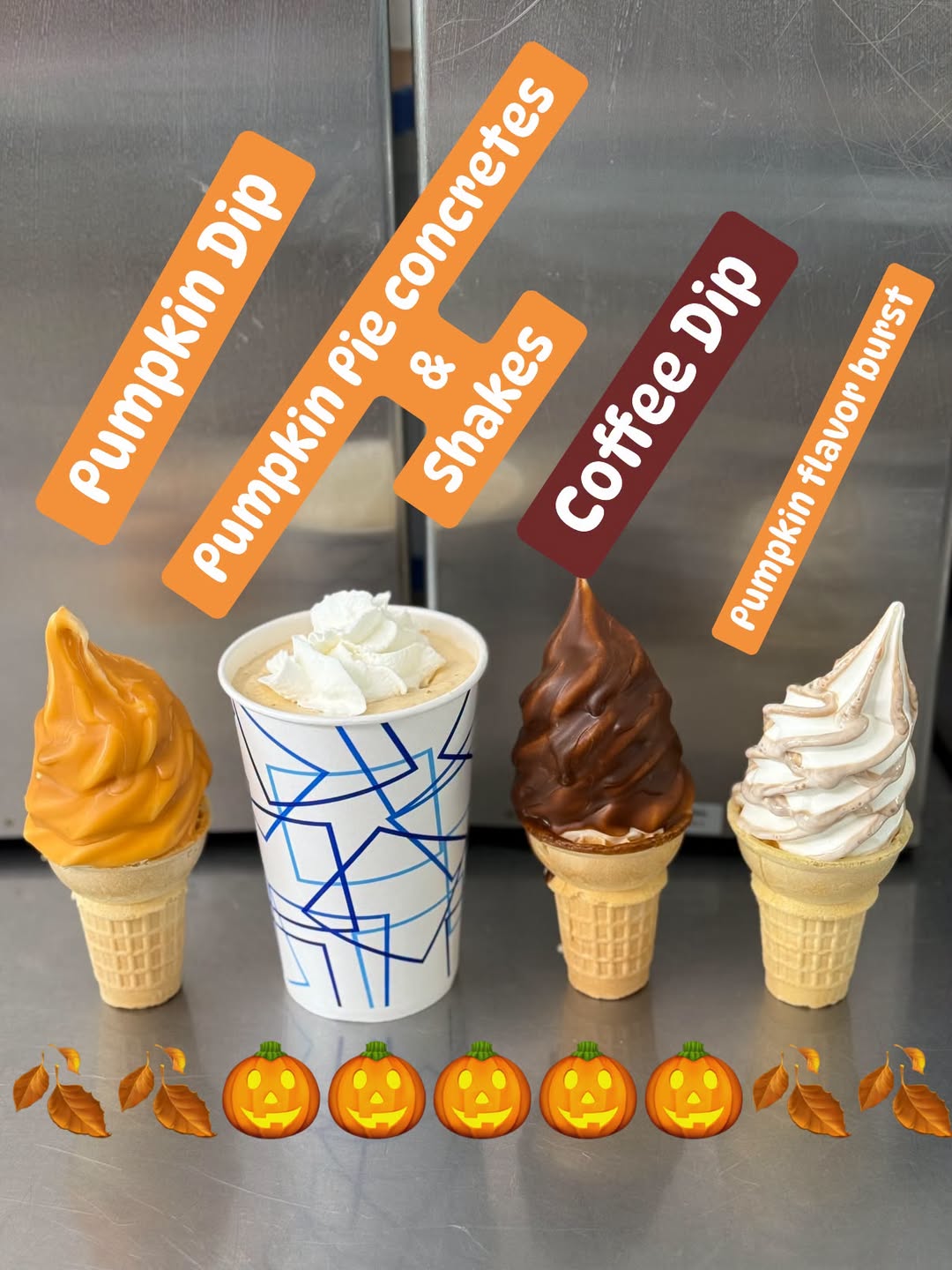 Dairy Haven’s pumpkin-dipped cone and pumpkin pie concrete with whipped cream