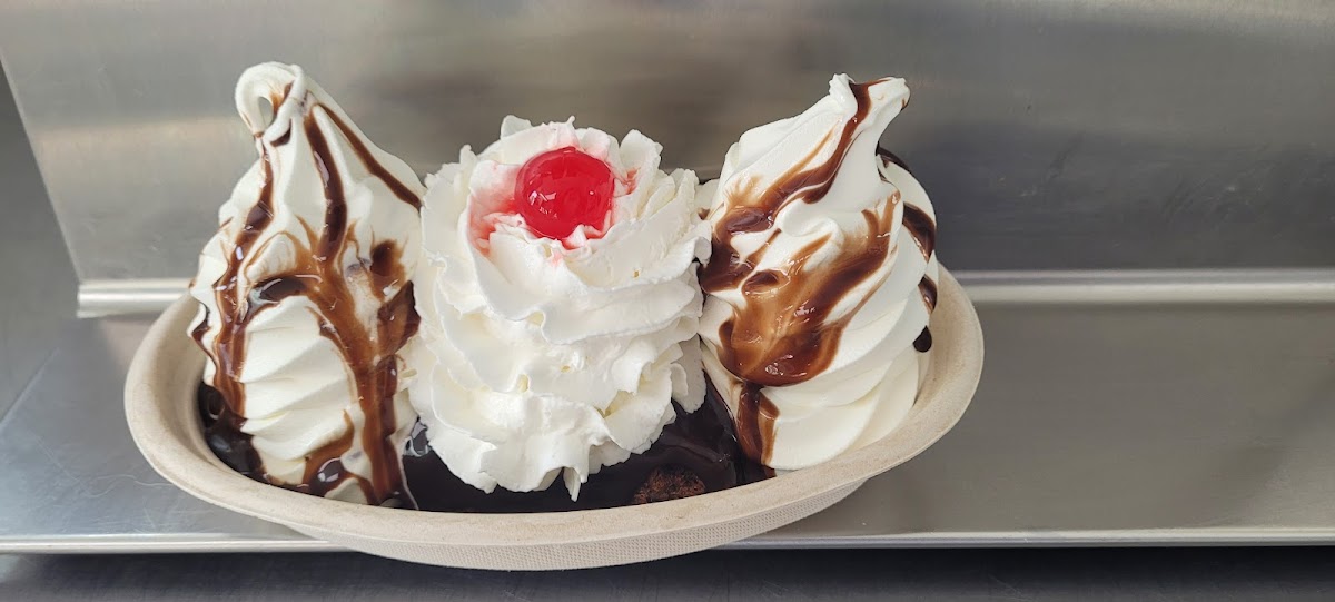 A Dairy Haven Royal Brownie sundae with soft serve, hot fudge, whipped cream, and a cherry